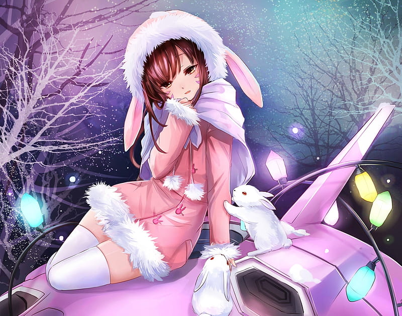 D.Va, ears, manga, miameowart, winter, d va, fantasy, girl, anime, bunny, white, pink, HD wallpaper
