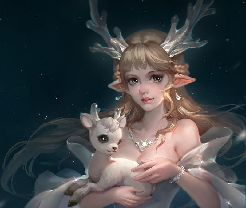 Artemis, art, frumusete, luminos, goddess, elf, yinghua chou, deer, fantasy, girl, diana, HD wallpaper