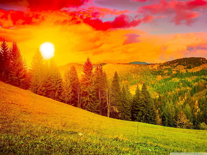 Colorful Sunrise Over the Mountain, mountain, nature, sunrise, trees, clouds, landscape, HD wallpaper