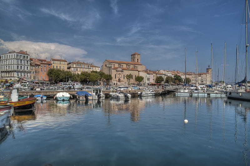La Ciotat Port, boats, water, clear, buildings, houses, sky, harbor, blue, HD wallpaper