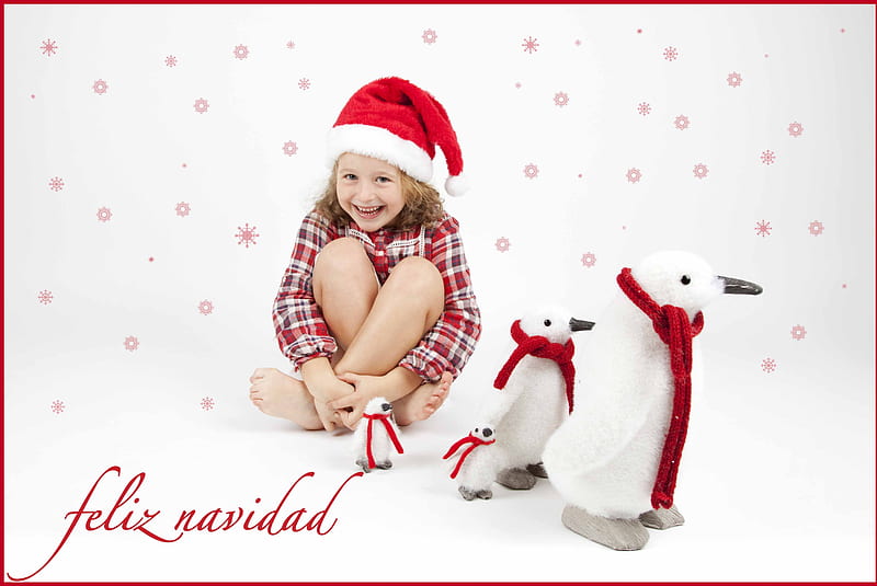 ~••*•✿•*••~, family, smile, happy, winter, sweet, merry christmas, girl, snowflakes, love, siempre, nature, red hat, santa hat, penguins, pink, HD wallpaper