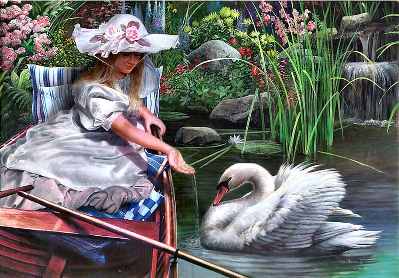 Swan Lake F, Swan, art, bonito, illustration, artwork, animal, bird, avian, little girl, painting, wide screen, wildlife, nature, HD wallpaper