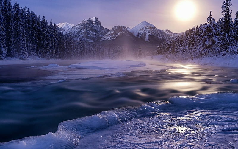Bow valley, Canada, River, Banff National park, Alberta, Mountain, Icy, HD wallpaper