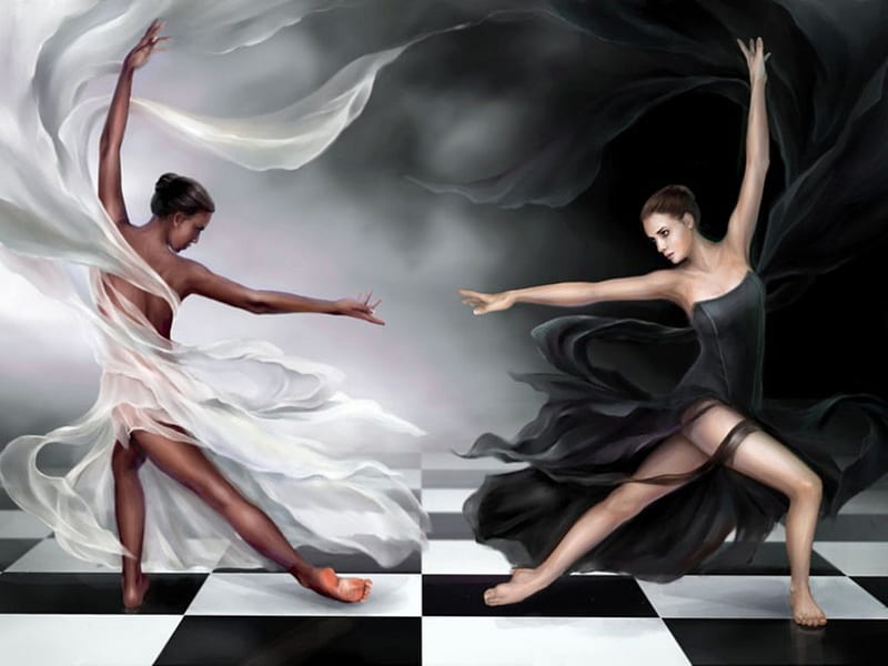 THE DANCE, two, ballet, black, females, dance, white, HD wallpaper