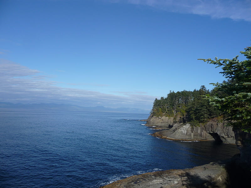 Cape Flattery, distance, rocks, view, ocean, waves, trees, water, mountains, cape, blue, HD wallpaper