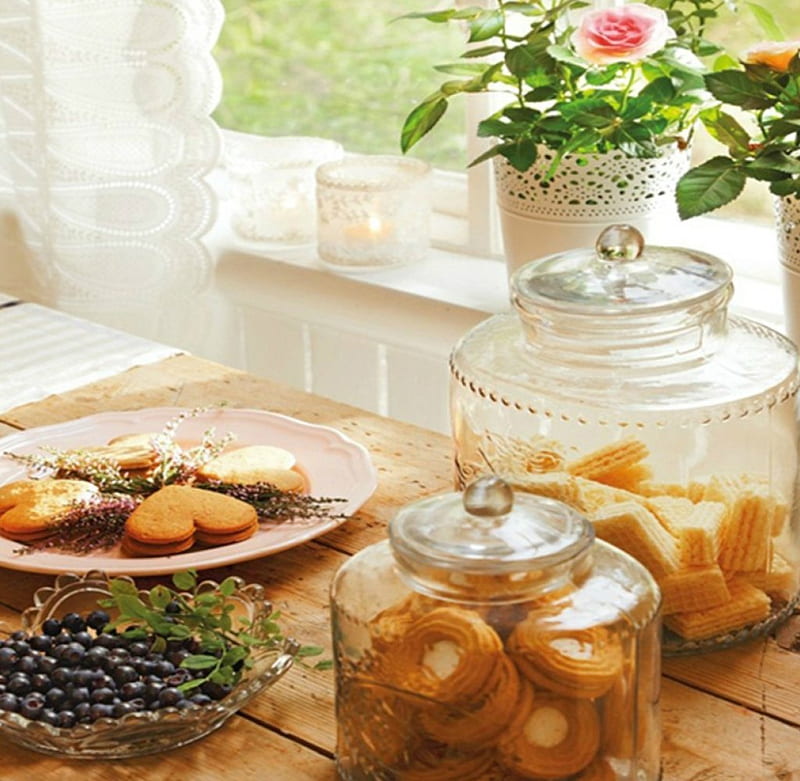By the window, table, window, sweets, fruits, bisquits, pot, roses, graphy, pink, jars, HD wallpaper