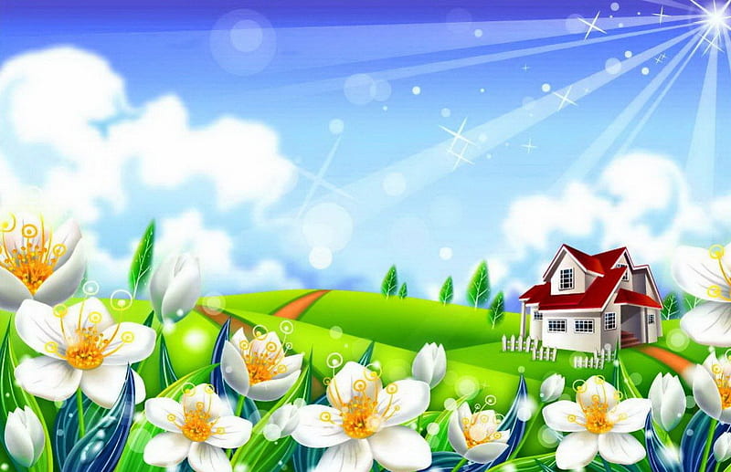 Frescura primaveral, vistoso, casa, sol, césped, brillar, nubes, flores,  ligero, Fondo de pantalla HD | Peakpx