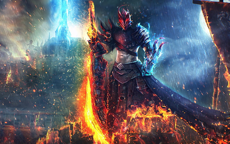 Guild Wars 2, 2018, multiplayer game, fire, warrior, art, Dragonhunter, HD wallpaper