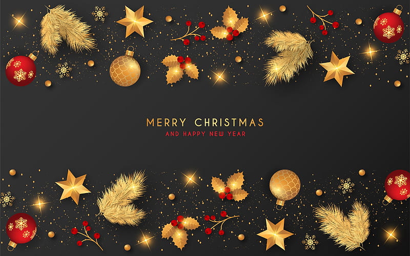 Merry Christmas!, black, craciun, card, golden, christmas, HD wallpaper