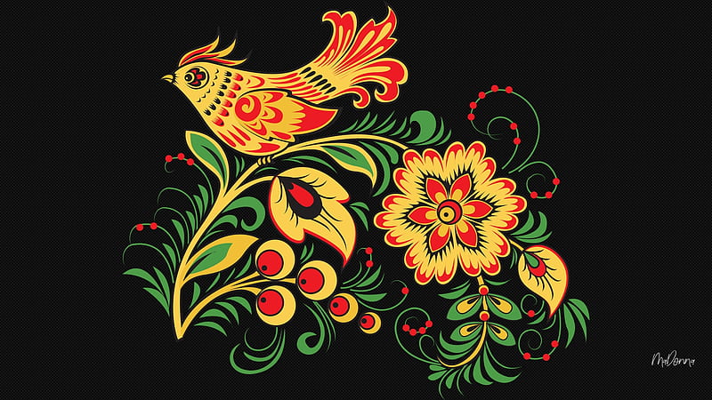 Folk Art Bird, colorful, folk art, bird, chicken, bright, flowers, vintage, HD wallpaper
