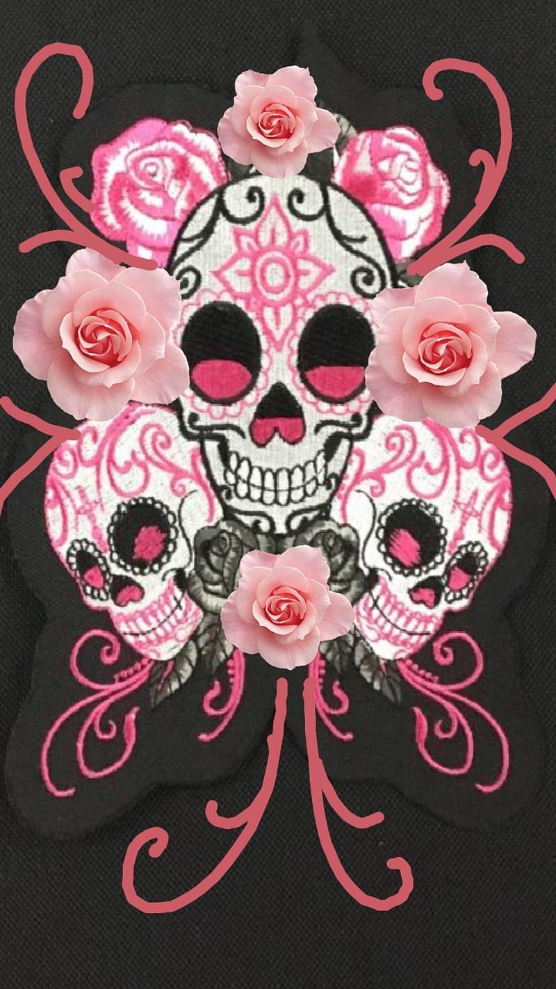 In the Garden, abstract, flowers, pink, red, roses, skull, sugar, HD phone wallpaper