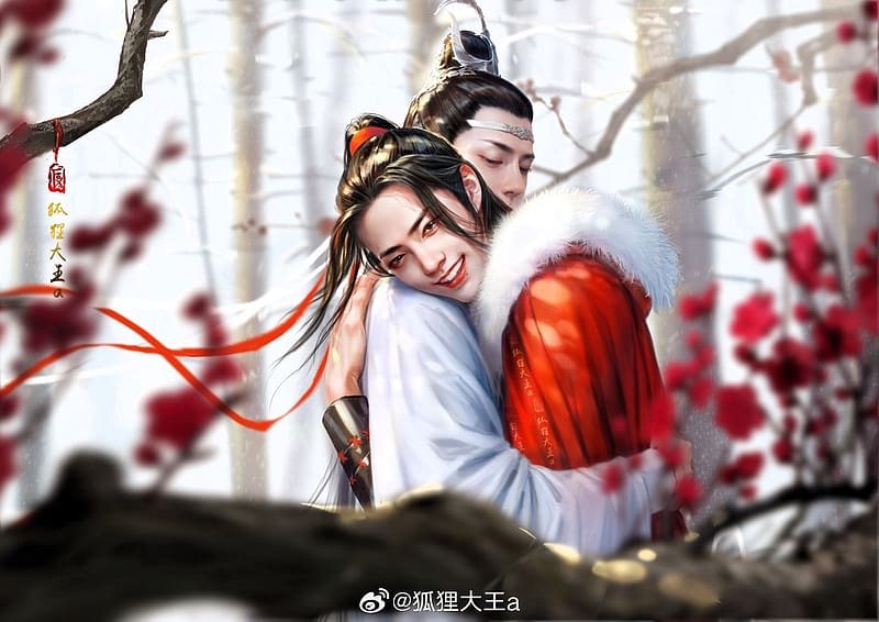 :), fantasy, winter, prince, white, red, brother, hugs, asian, forest, HD wallpaper
