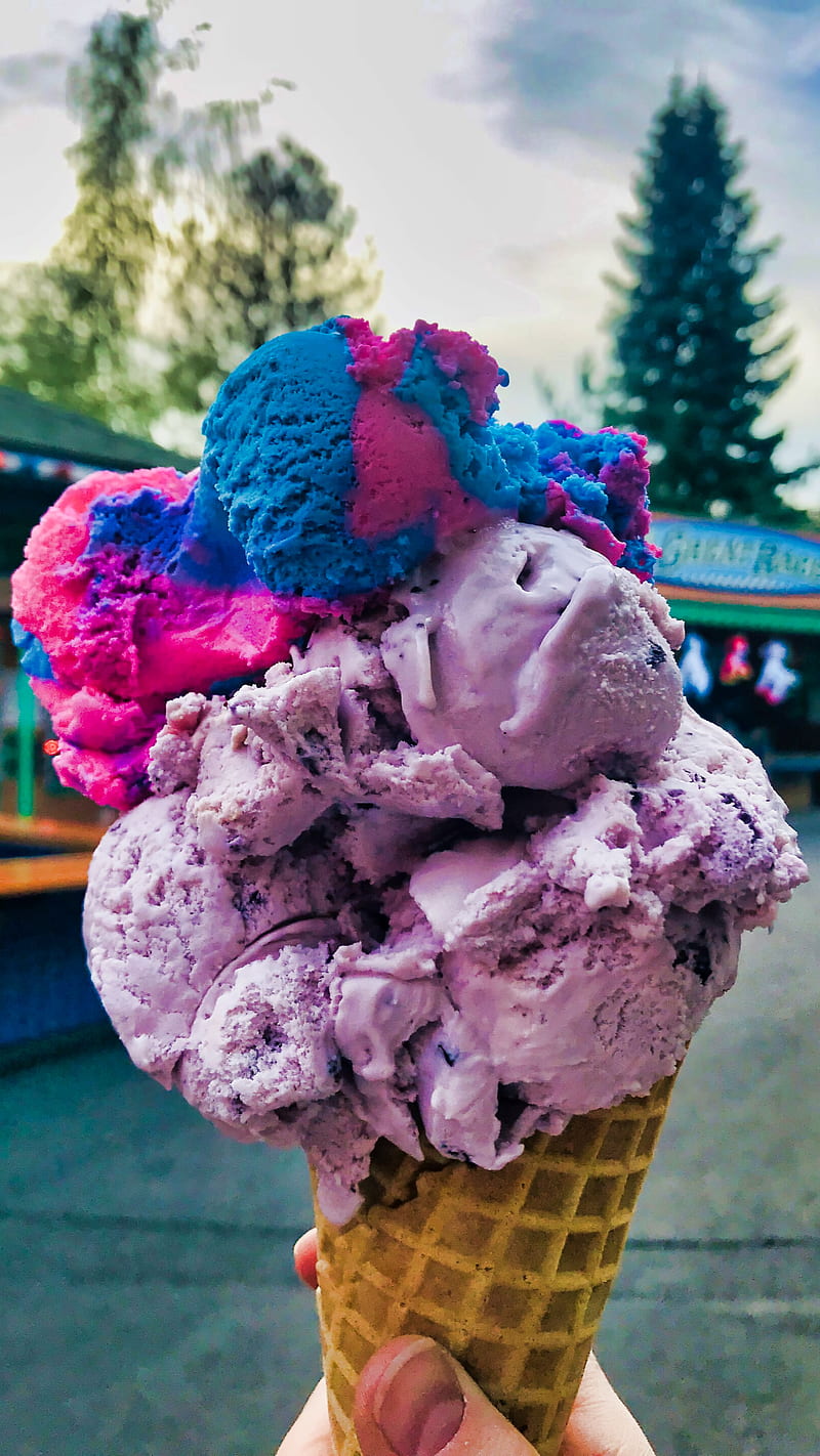 Ice Cream Midway, Theme, america, background, blue, bright background, candy, color, colorful, colorful background, colorfull, food, games, huckleberry, ice cream, park, pink, purple, rainbow, rainbow sherbert, silverwood, sweets, theme park, trees, usa, waffle, waffle cone, yum, HD phone wallpaper