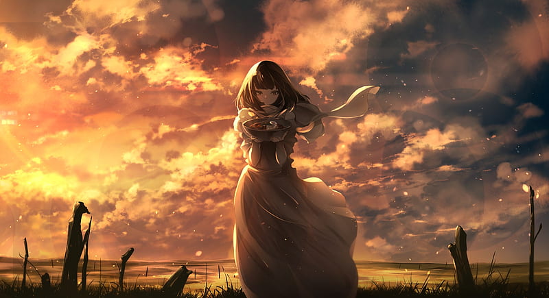 anime girl, scenic, sunset, clouds, ramen bowl, dress, Anime, HD wallpaper