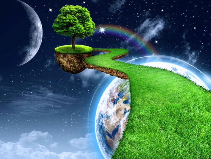 Green Line to the moon, tree, moon, earth, green, HD wallpaper