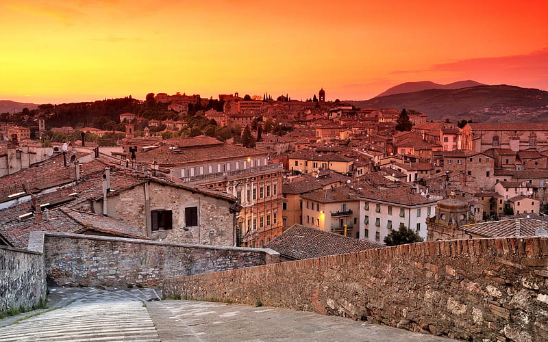 Perugia, evening, sunset, Perugia cityscape, beautiful city, Perugia panorama, Umbria, Italy, HD wallpaper