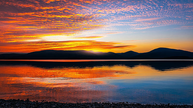 Loch Lomond sunset, Scotland, colors, hills, sky, lake, reflections, HD wallpaper