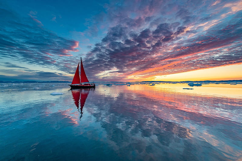 Sunset, blue, sea, red, cloud, yacht, orange, sky, boat, water, vara, summer, reflection, HD wallpaper