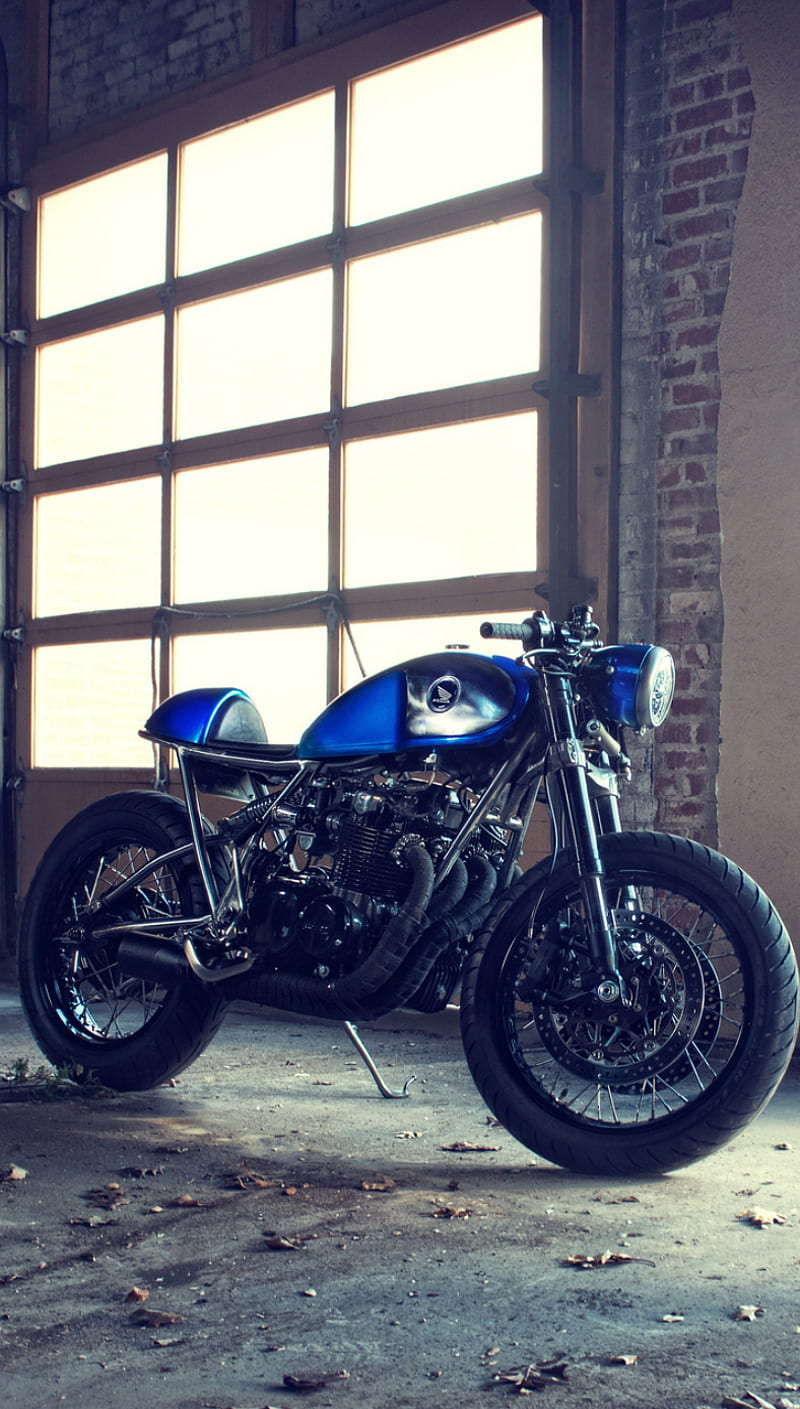 Blue motorcycle, cafe racer, moto, motorbike, HD phone wallpaper