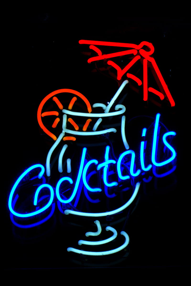 blue and red cocktails neon signage, HD phone wallpaper