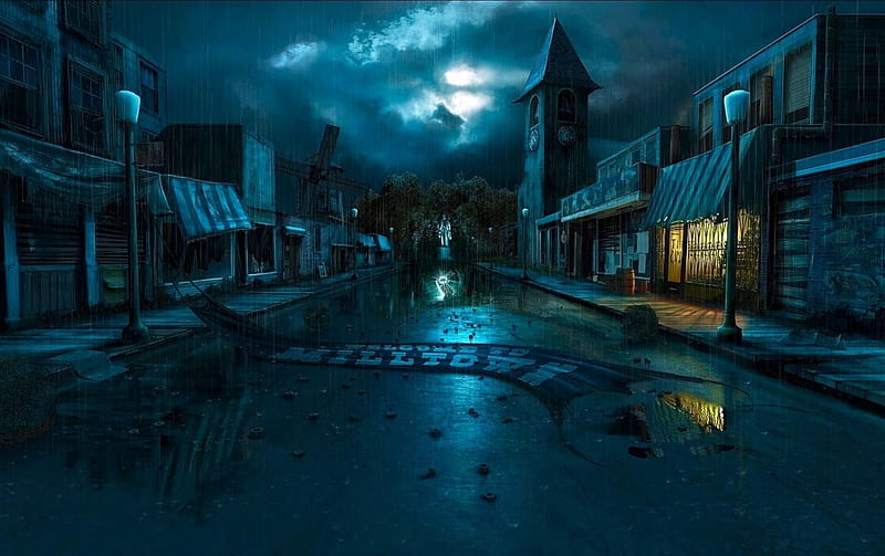 Stormy Scene in a Town, dark, town, storms, nature, rain, clouds, HD wallpaper