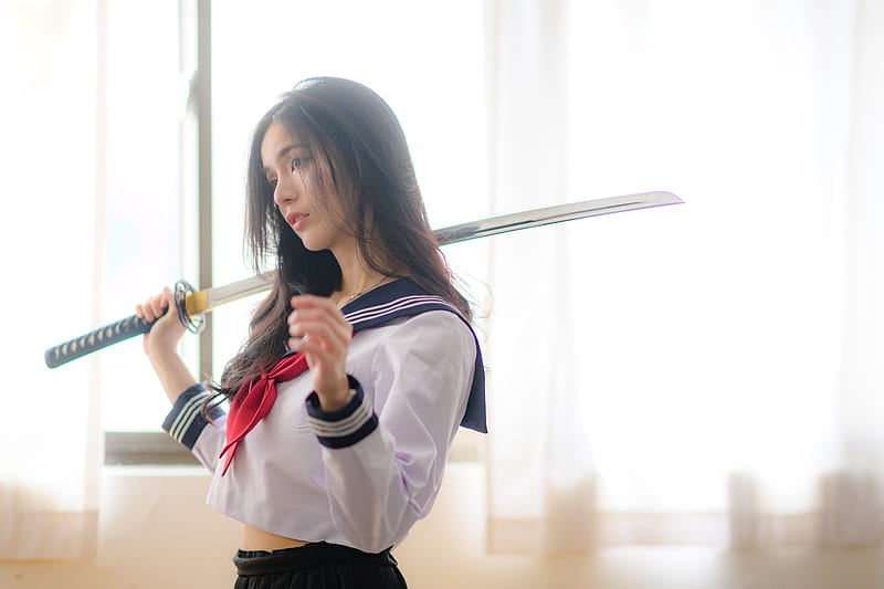 Women, Cosplay, Black Hair, Girl, Katana, Long Hair, School Uniform, Sword, HD wallpaper