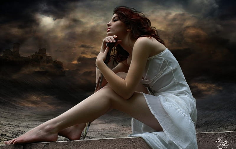 Pensive Girl, posture, sky, clouds, girl, sitting, face, weapon, Profile, castle, sword, HD wallpaper