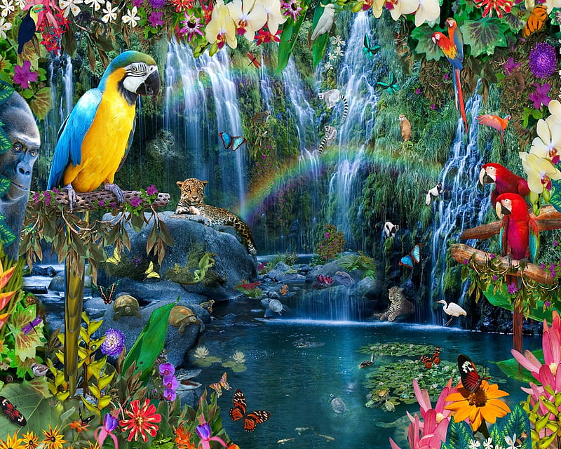 Tropical, leopard, colorful, art, exotic, luminos, pasare, parrot, fantasy, bird, papagal, painting, summer, waterfall, flower, pictura, HD wallpaper