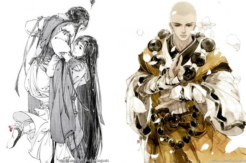 Cute couple & Monk, painting, Art, Ibuki Satsuki, oriental, HD wallpaper