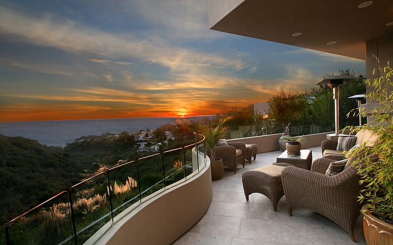 fabulous view from a balcony, sunset, view, sea, balcony, HD wallpaper