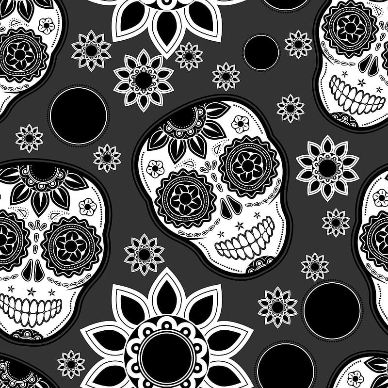 Skulls, abstract, black white, flowers, vector, HD phone wallpaper