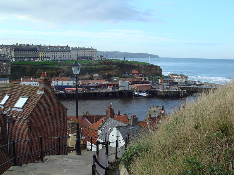 Whitby, 199 steps, england, yorshire, west cliff, river esk, sea, HD wallpaper