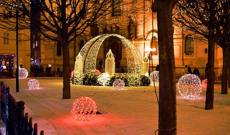 Christmas in Town, candle, snow, church, lights, winter, HD wallpaper