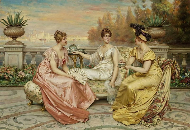 Tea on a terrace, art, luminos, yellow, tea, trio, painting, pictura, pink, joseph frederic charles soulacroix, HD wallpaper