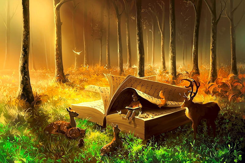 A safe place where you can go, forest, art, glow, book, wonderland, dreams, place, safe, rays, reader, magical, peaceful, deers, enchanted, animals, HD wallpaper