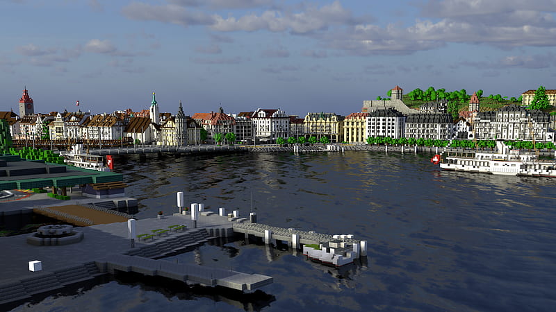 City Harbor Lucerne Switzerland Minecraft, HD wallpaper