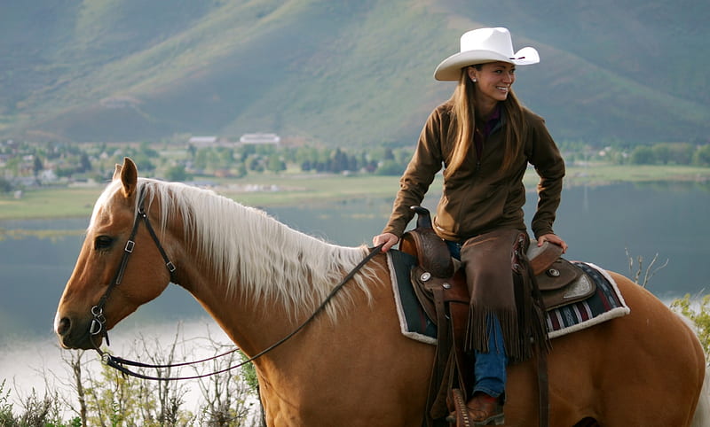 ~Cowgirl~, cowgirl, boots, chaps, saddle, horse, hat, brunette, mountain, water, HD wallpaper