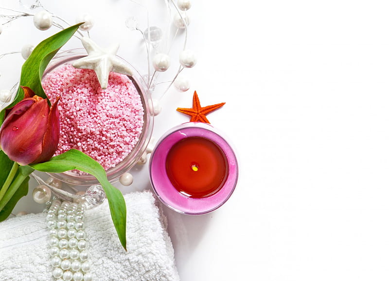 With Love, candle, drops, starfish, candles, spa, flower, tulips, pearls, tulip, HD wallpaper