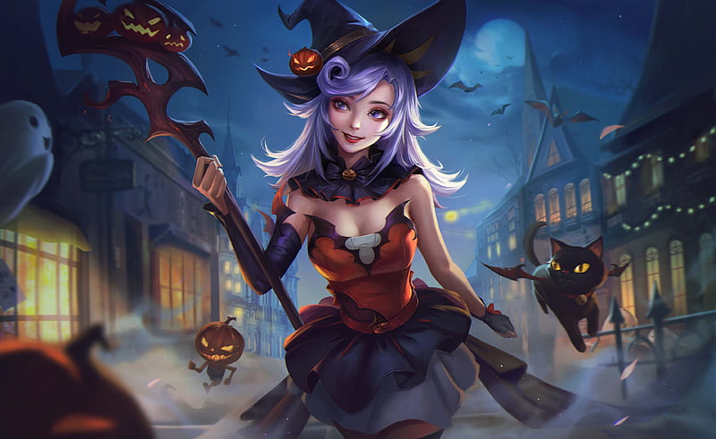 Anime, Girl, Cat, Halloween, Night, Staff, Witch, Witch Hat, HD wallpaper