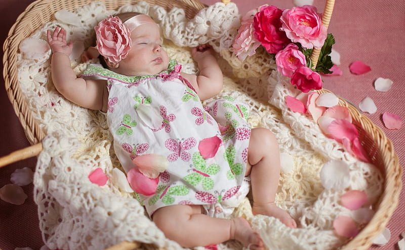 Sweet Baby Girl, dress, baby, cute, girl, profile, headband, flowers, pink,  shoes, HD wallpaper