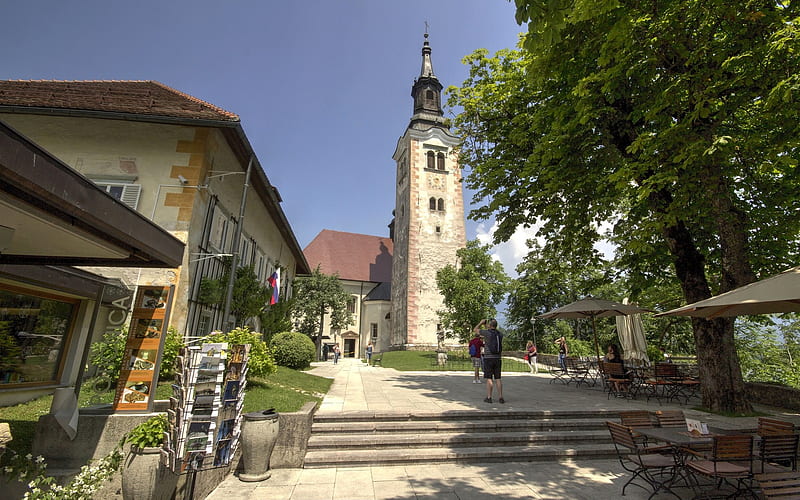 Church in Slovenia, island, church, lake, Slovenia, Bled, HD wallpaper