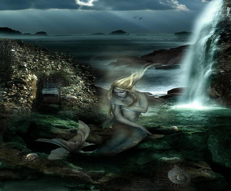 Mermaid, fantasy, mermaids, nature, abstract, sea, waterfalls, HD wallpaper