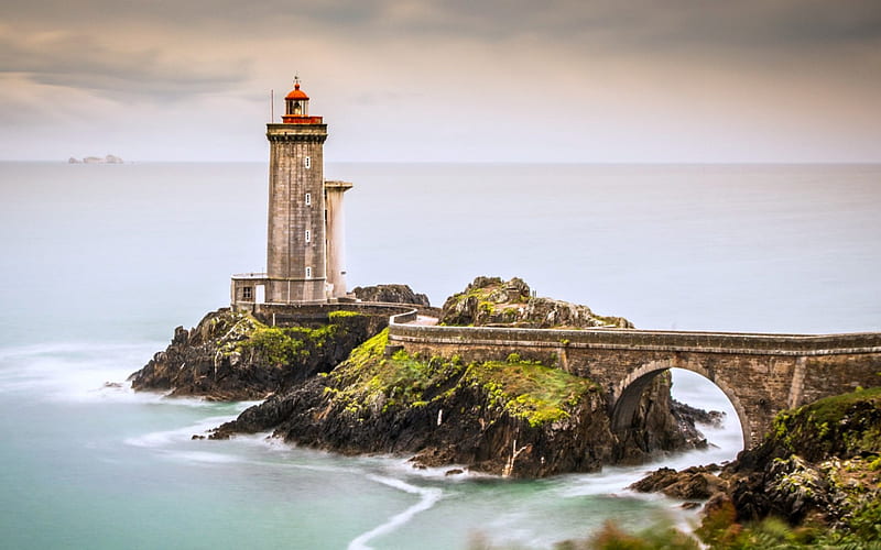 Lighthouse at Brittany, France, France, Lighthouse, Bridge, Architecture, HD wallpaper