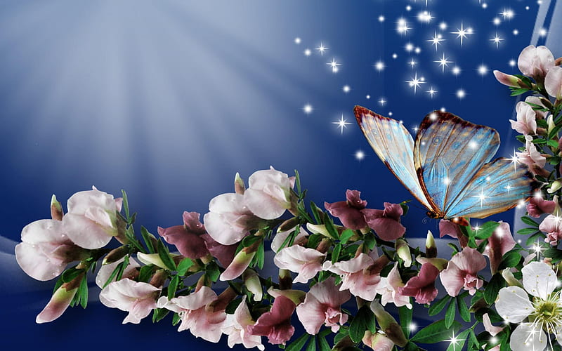 ✰Blue Flutter in the Spring✰, pretty, bloom, bonito, seasons, winged, sweet, sparkle, flutter, butterfly, splendor, flick, love, bright, flowers, light, gorgeous, animals, stars, lovely, springtime, butterflies, spring, cute, rays, bouquet, summer, blossoms, nature, HD wallpaper