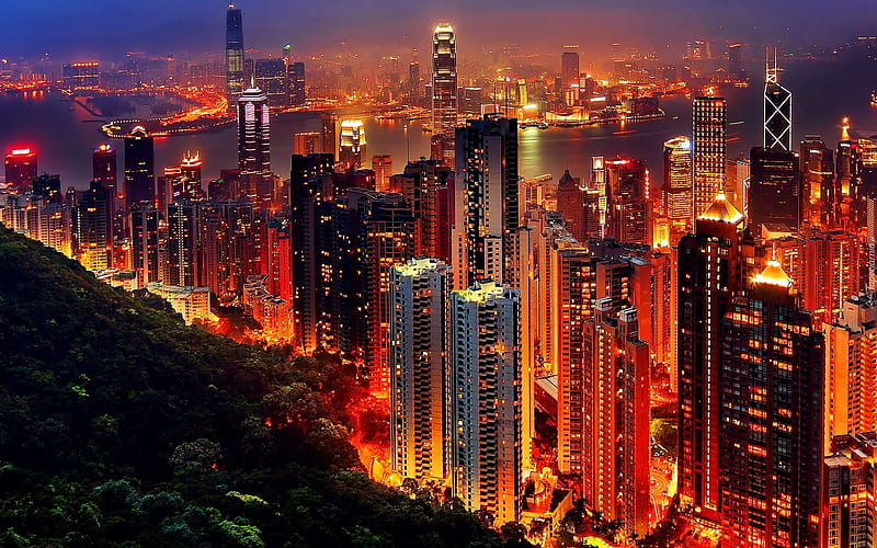 Hong Kong, night, skyscrapers, metropolis, city lights, China, HD wallpaper