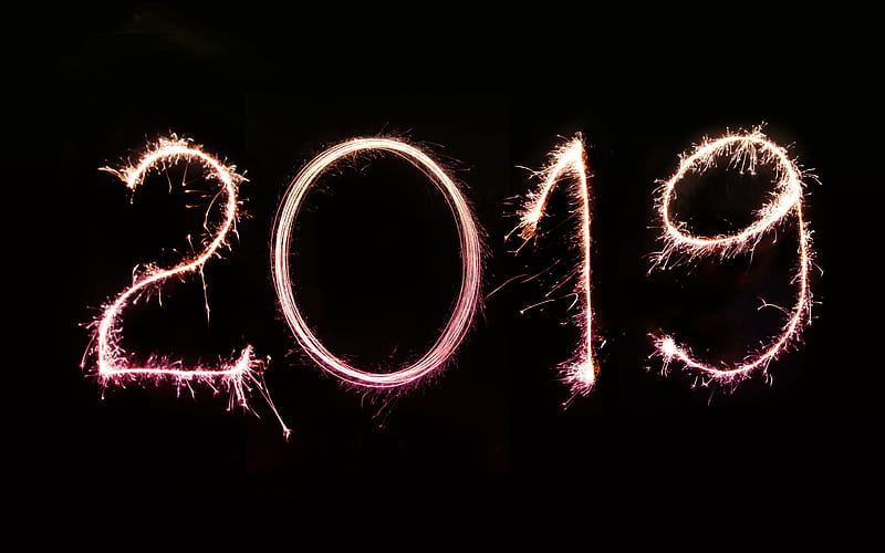 Happy New Year 2019, black background, fireworks, sparklers, 2019 concepts, 2019 year, HD wallpaper