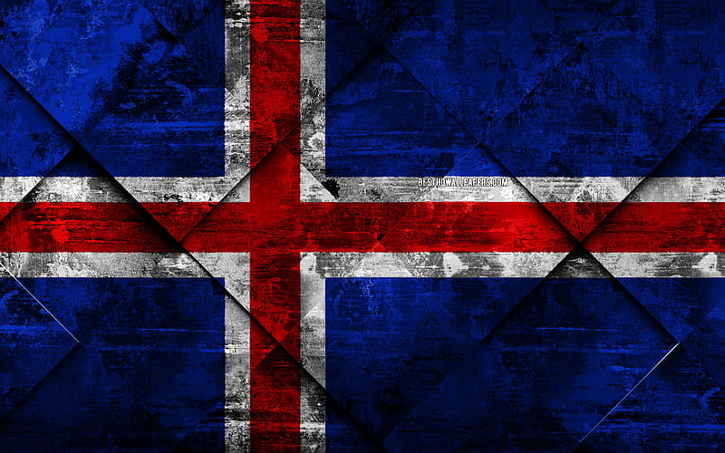 Flag of Iceland grunge art, rhombus grunge texture, Icelandic flag, Europe, national symbols, Iceland, creative art, HD wallpaper