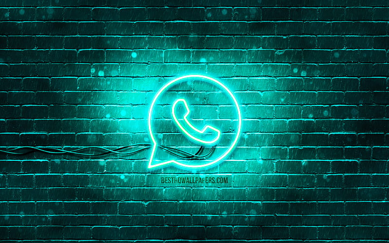 WhatsApp turquoise logo turquoise brickwall, WhatsApp logo, social networks, WhatsApp neon logo, WhatsApp, HD wallpaper