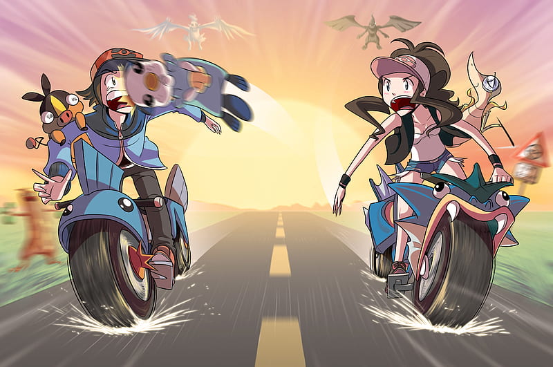 Pokemon on Motorcycles!, motorcycles, pokemon, hilbert, hilda, HD wallpaper