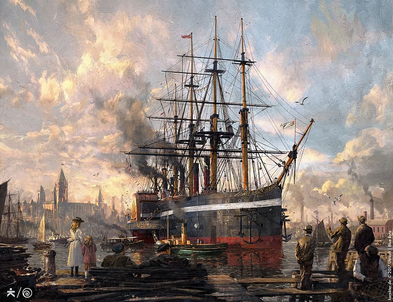 People, Boat, Painting, Ship, Video Game, Steamboat, Anno 1800, HD wallpaper